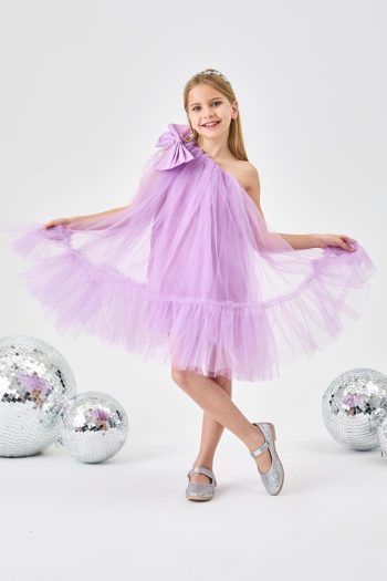 Lilac One-Shoulder Bow Dress for Girls