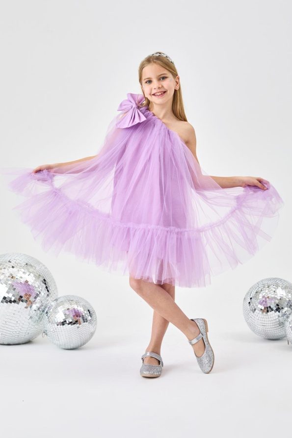 Lilac One-Shoulder Bow Dress for Girls