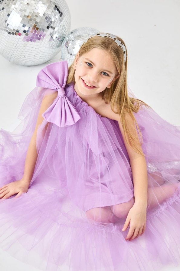 Lilac One-Shoulder Bow Dress for Girls