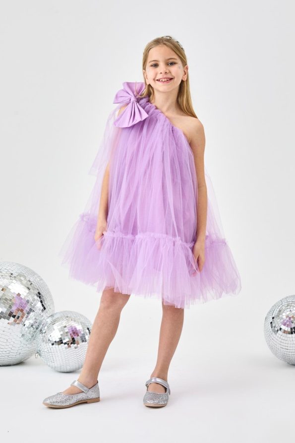 Lilac One-Shoulder Bow Dress for Girls