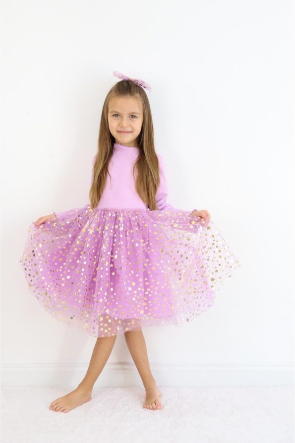 Lilac Star Print Tulle Skirt Dress for Girls