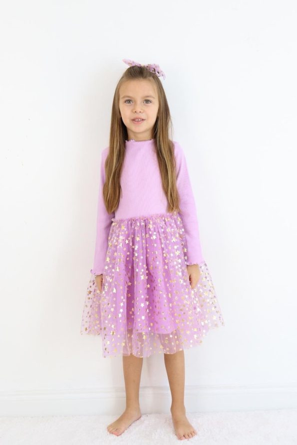 Lilac Star Print Tulle Skirt Dress for Girls