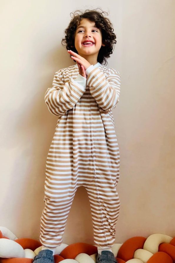 Boys' Striped Sleep Suit in Light Brown (1-2 Years)