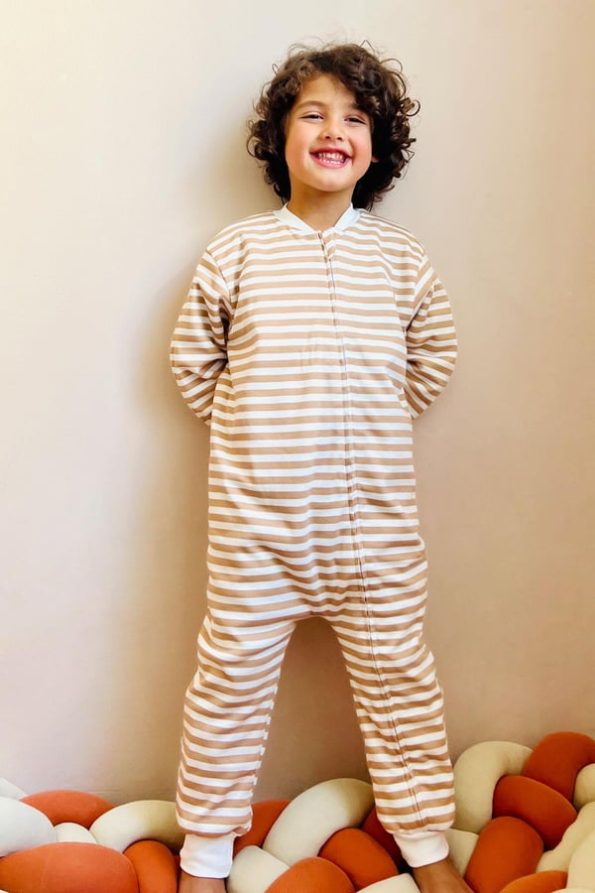 Boys' Striped Sleep Suit in Light Brown (1-2 Years)