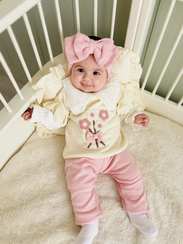 Maria Fisto Lace Collar Waffle Fabric Bow Headband 3-Piece Set