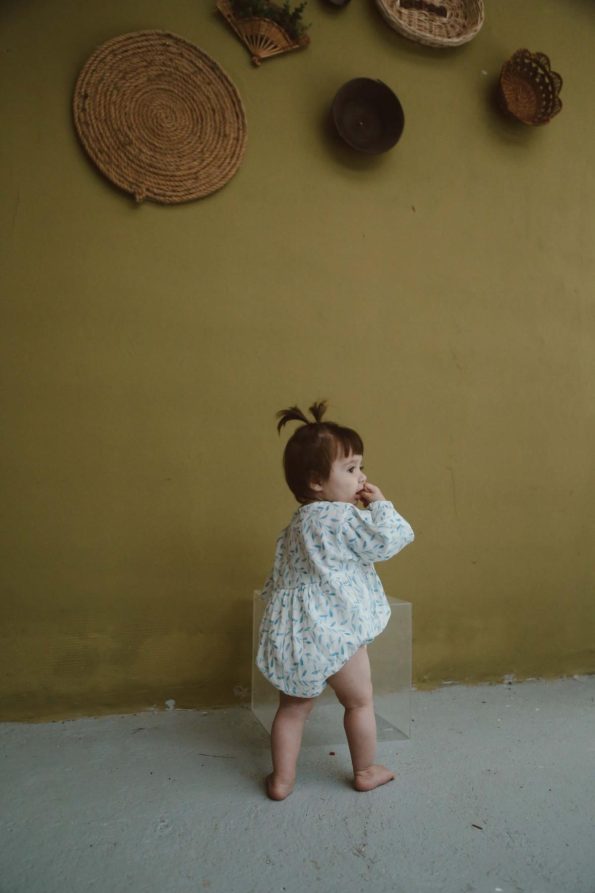 Blue Flower Printed Long Sleeve Baby Jumpsuit