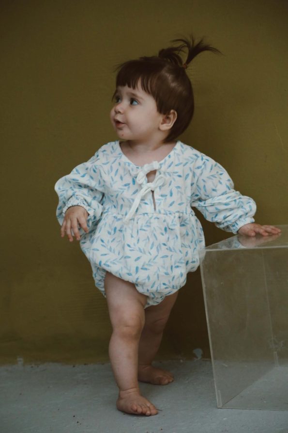 Blue Flower Printed Long Sleeve Baby Jumpsuit