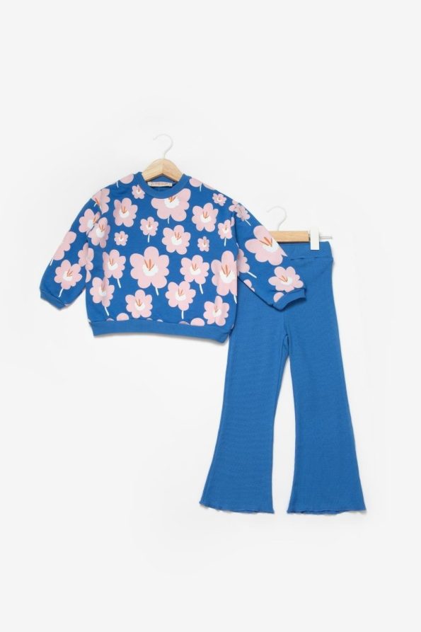 Blue Floral Patterned Girls' Tracksuit - Gemma
