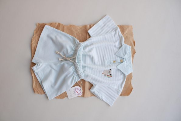 Blue Striped Koala Embroidered Polo Collar Shorts Set