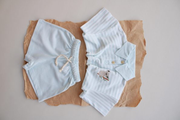 Blue Striped Koala Embroidered Polo Collar Shorts Set