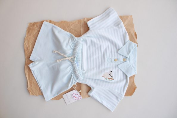 Blue Striped Koala Embroidered Polo Collar Shorts Set