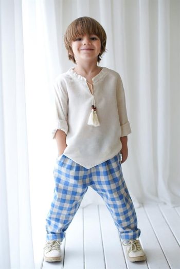 Blue Cream Checkered Carrot Pants + Cream Linen Tie Shirt