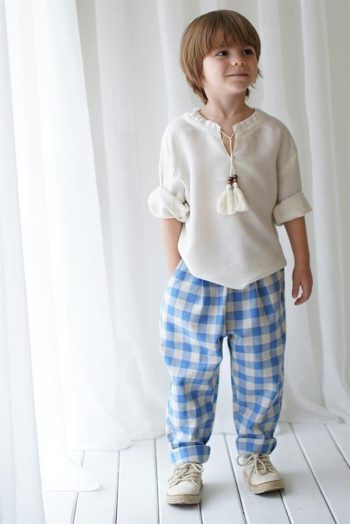Blue Cream Checkered Carrot Pants + Cream Linen Tie Shirt