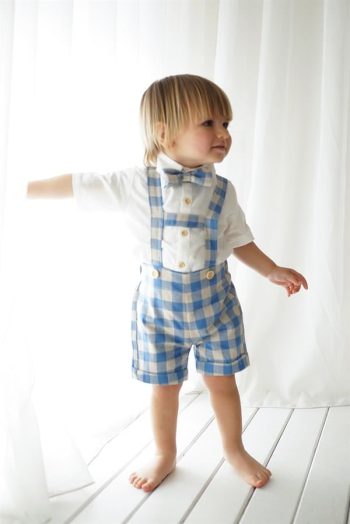 Blue Cream Checkered Shorts Overall Set with Short Sleeve Shirt and Bow Tie