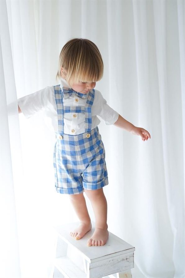 Blue Cream Checkered Shorts Overall Set with Short Sleeve Shirt and Bow Tie