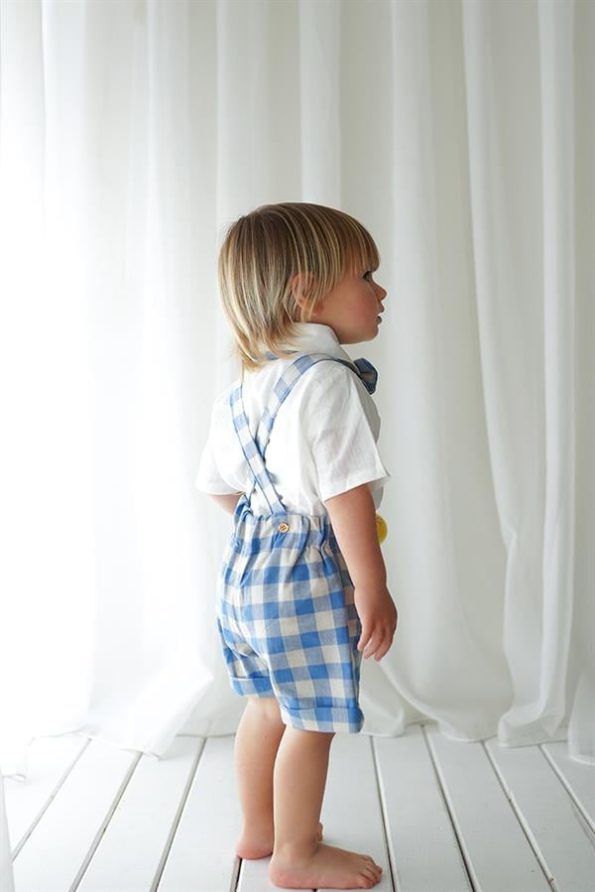 Blue Cream Checkered Shorts Overall Set with Short Sleeve Shirt and Bow Tie