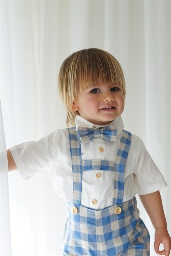 Blue Cream Checkered Shorts Overall Set with Short Sleeve Shirt and Bow Tie