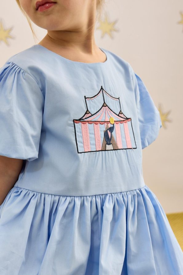 Embroidered Balloon Dress Blue