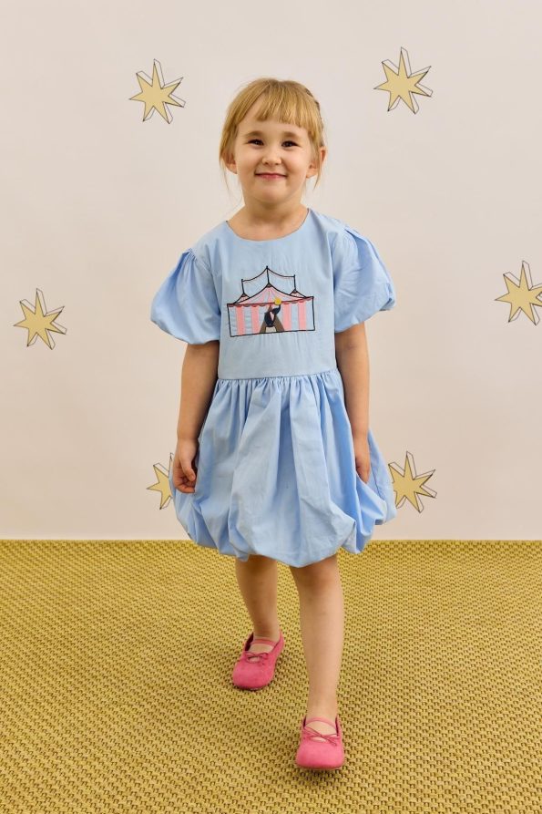 Embroidered Balloon Dress Blue