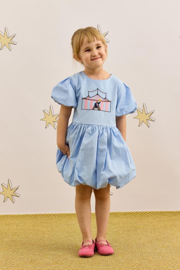 Embroidered Balloon Dress Blue