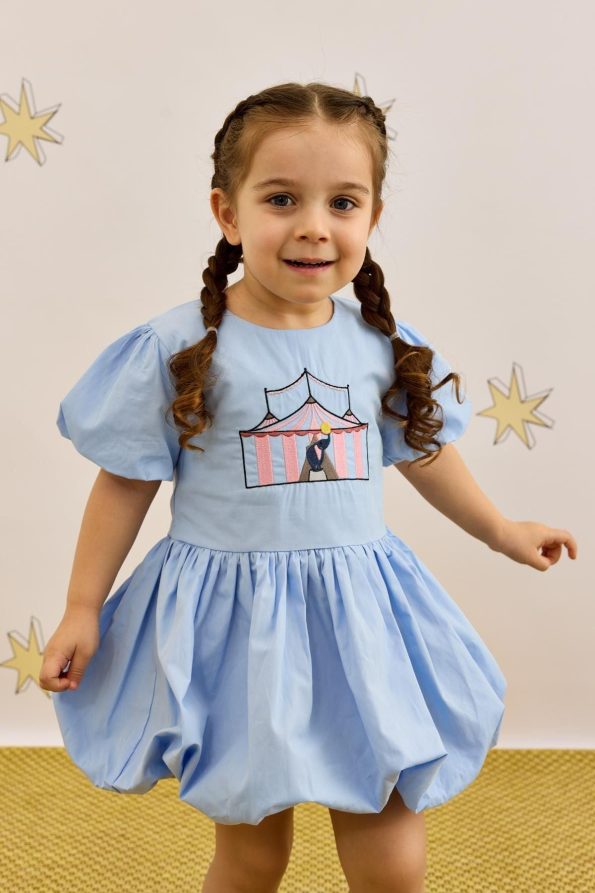 Embroidered Balloon Dress Blue
