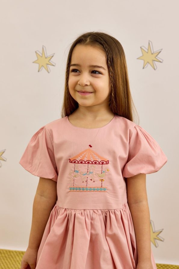 Embroidered Detail Balloon Dress Pink