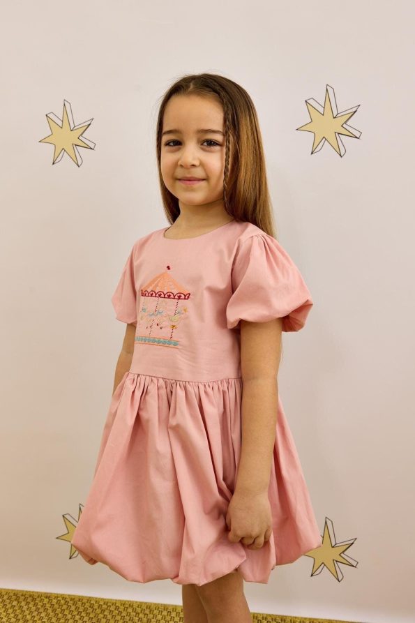 Embroidered Detail Balloon Dress Pink