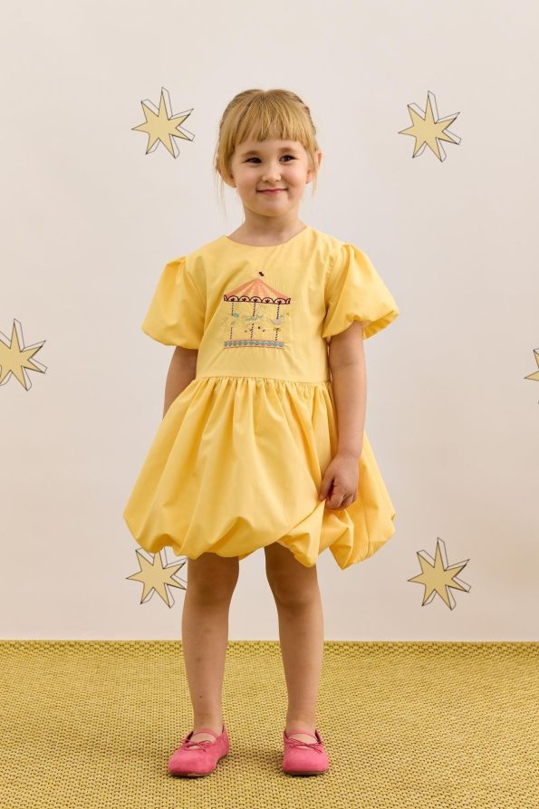 Embroidered Balloon Dress Yellow