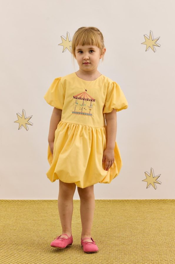 Embroidered Balloon Dress Yellow