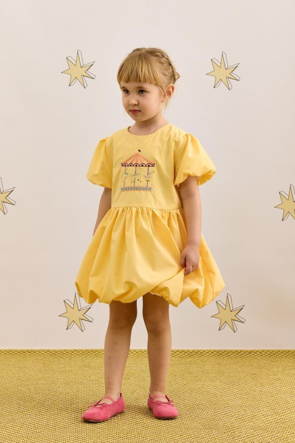 Embroidered Balloon Dress Yellow