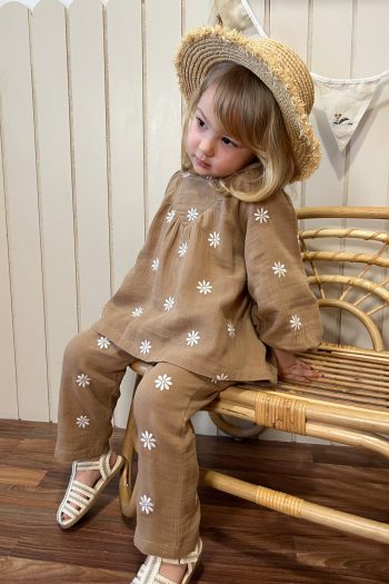 Embroidered Muslin Set in Milk Coffee