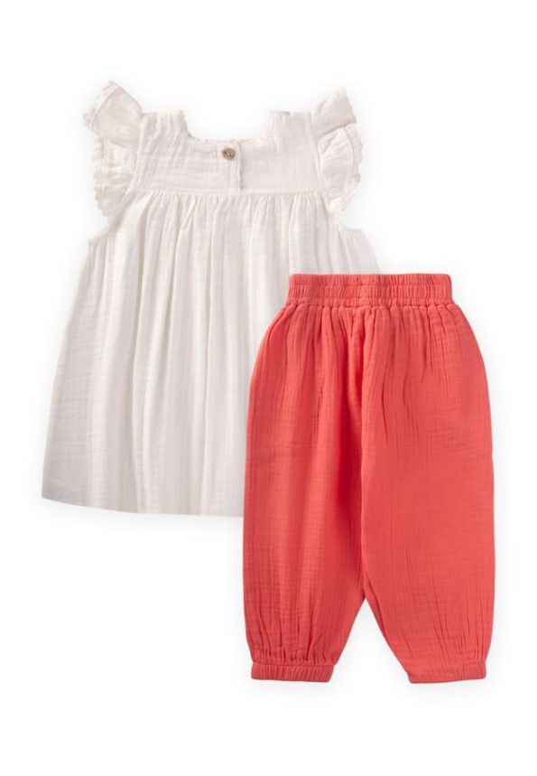 Embroidered Organic Muslin Outfit with Pants for Ages 1-7 in Ecru