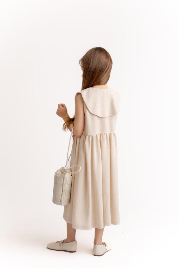 Embroidered Collar Linen Dress for Ages 2-7 Natural