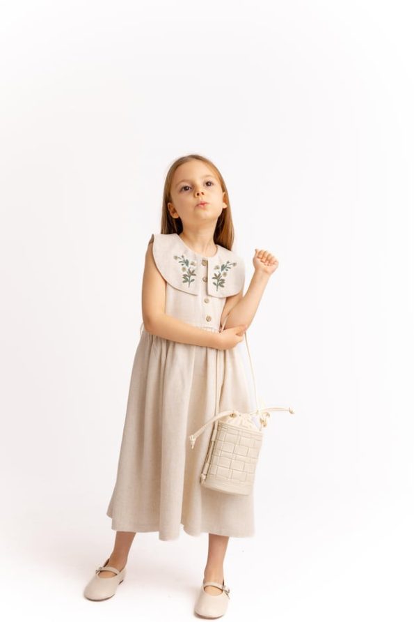 Embroidered Collar Linen Dress for Ages 2-7 Natural