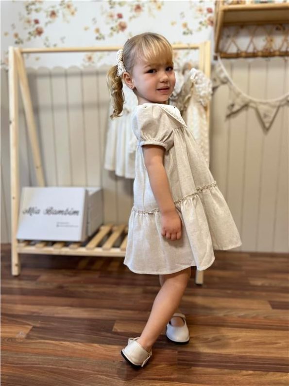 Bow Detail Watermelon Sleeve Baby Girl Dress Premium Series 100% Linen Beige