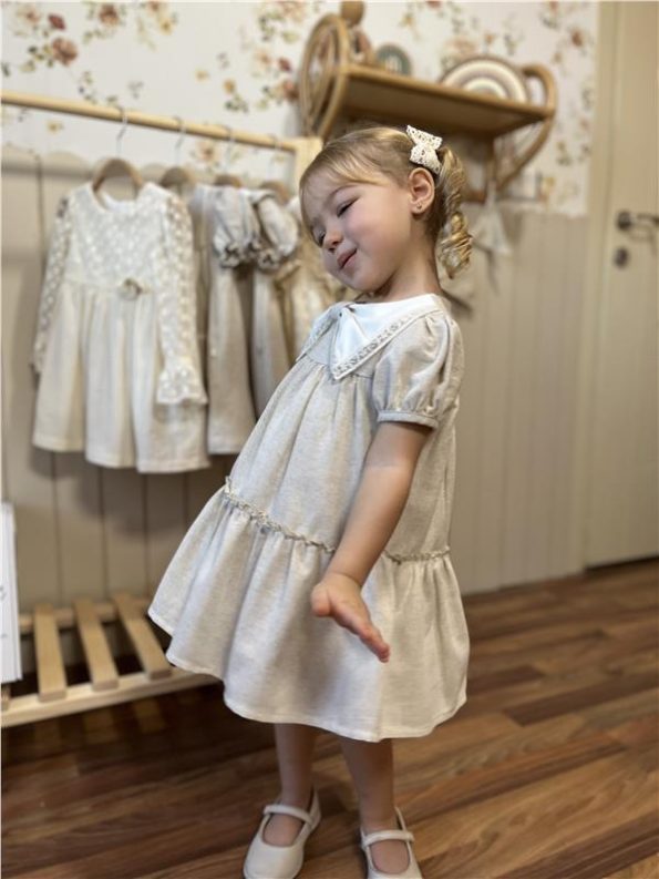 Bow Detail Watermelon Sleeve Baby Girl Dress Premium Series 100% Linen Beige