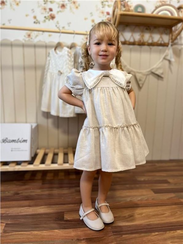 Bow Detail Watermelon Sleeve Baby Girl Dress Premium Series 100% Linen Beige