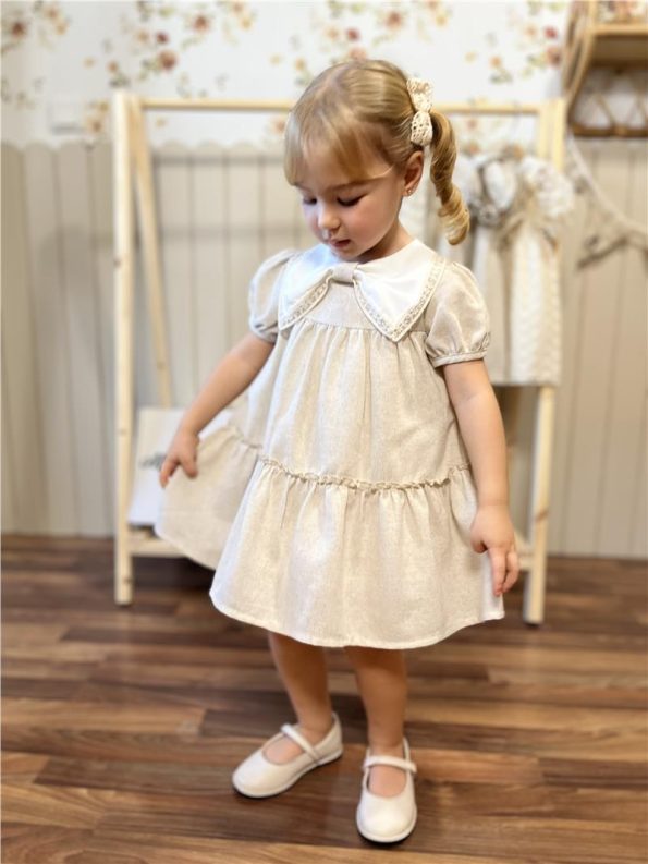 Bow Detail Watermelon Sleeve Baby Girl Dress Premium Series 100% Linen Beige