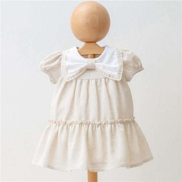 Bow Detail Watermelon Sleeve Baby Girl Dress Premium Series 100% Linen Beige