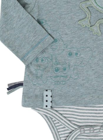 OrganicEra Organic Long Sleeve Appliqued T-shirt Bodysuit, Aqua Melange