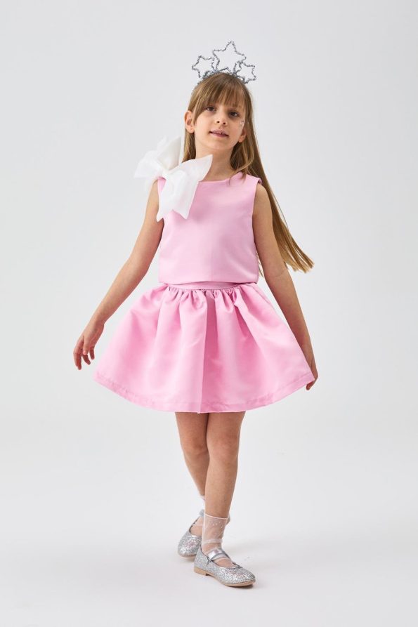 Pink Organza Bow Detail Girls' Two-Piece Set