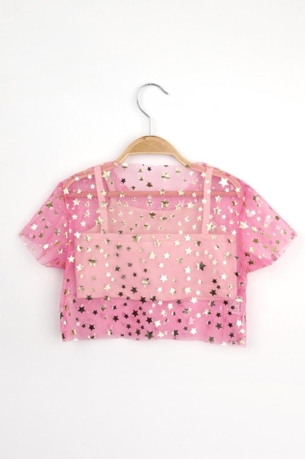 Pink Star Print Girls Tulle Crop