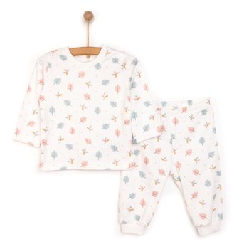 Girls' Interlock Pajama Set with Leaf Print and Snap-Button Round Neck in Pink