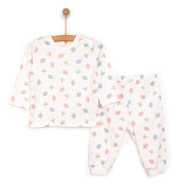 Girls' Interlock Pajama Set with Leaf Print and Snap-Button Round Neck in Pink
