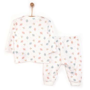 Girls' Interlock Pajama Set with Leaf Print and Snap-Button Round Neck in Pink
