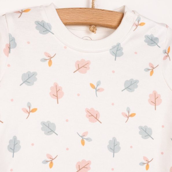 Girls' Interlock Pajama Set with Leaf Print and Snap-Button Round Neck in Pink
