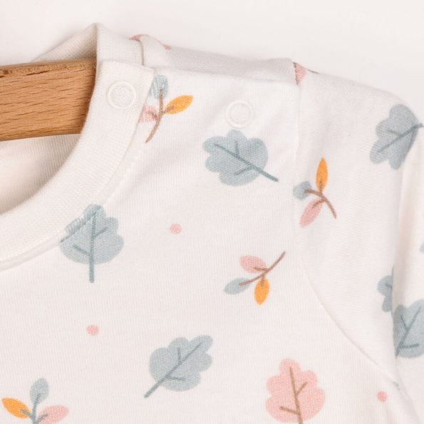 Girls' Interlock Pajama Set with Leaf Print and Snap-Button Round Neck in Pink
