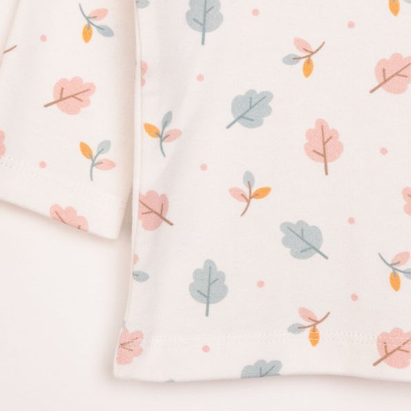 Girls' Interlock Pajama Set with Leaf Print and Snap-Button Round Neck in Pink