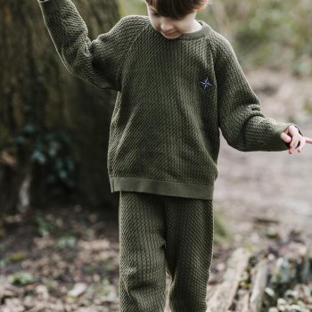 Compass Embroidered Olive Herringbone Sweater and Pants Set