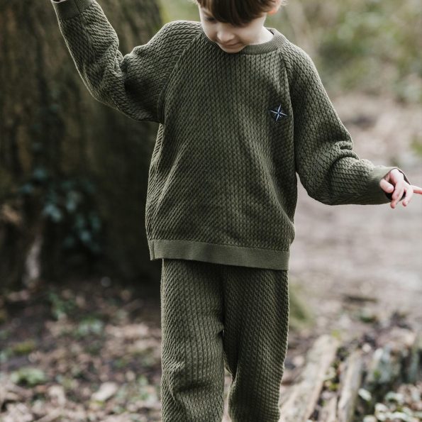 Compass Embroidered Olive Herringbone Sweater and Pants Set
